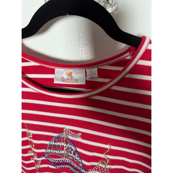 Quacker Factory Red Striped Short Sleeve Sailboat Embellished Sparkle T-shirt L - Picture 4 of 6